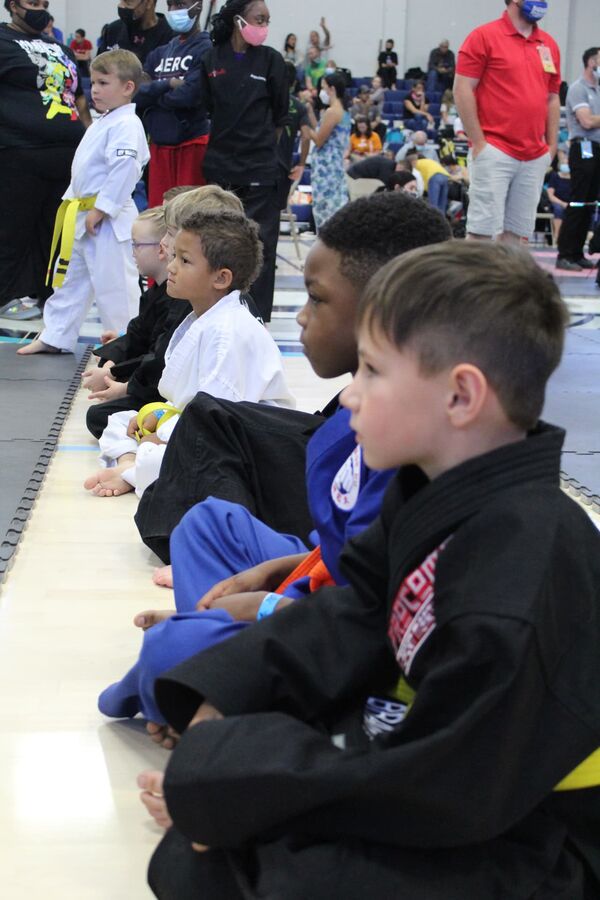 Karate competitor performing at a tournament